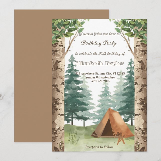 invitación de cumpleaños para fiesta de camping de (Anverso / Reverso)