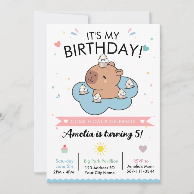 Invitación de cumpleaños para fiesta de capibara e (Anverso)
