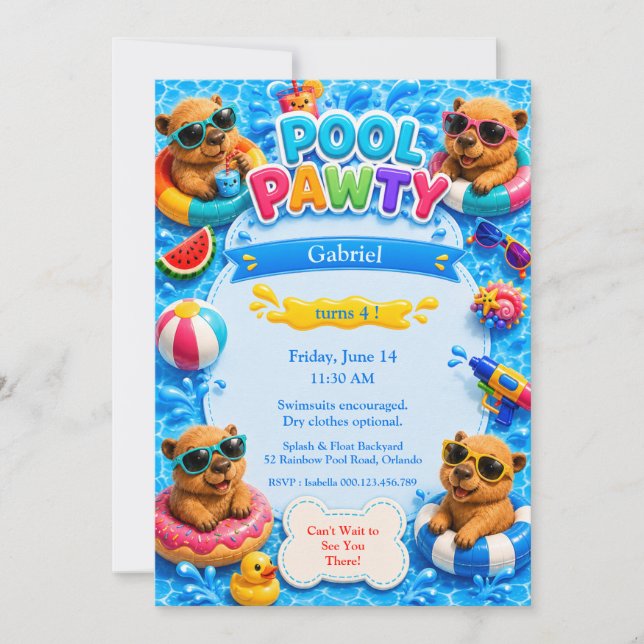 Invitación de cumpleaños para fiesta de capibaras  (Anverso)