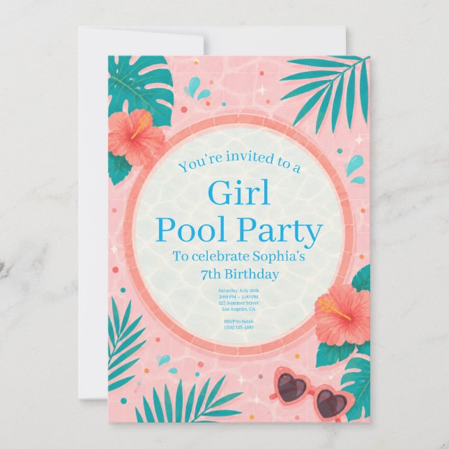 Invitación de cumpleaños para fiesta de chicas en  (Anverso)