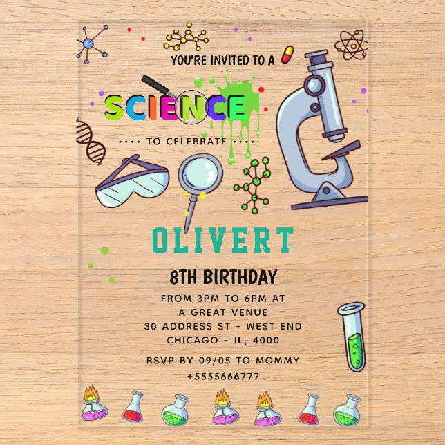 Invitación de cumpleaños para fiesta de ciencia lo (Anverso)