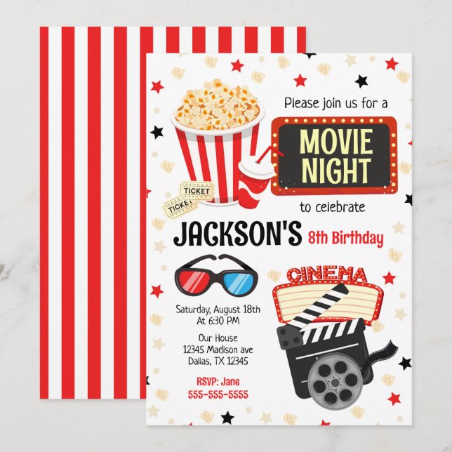 Invitación de cumpleaños para fiesta de cine infan (Anverso / Reverso)