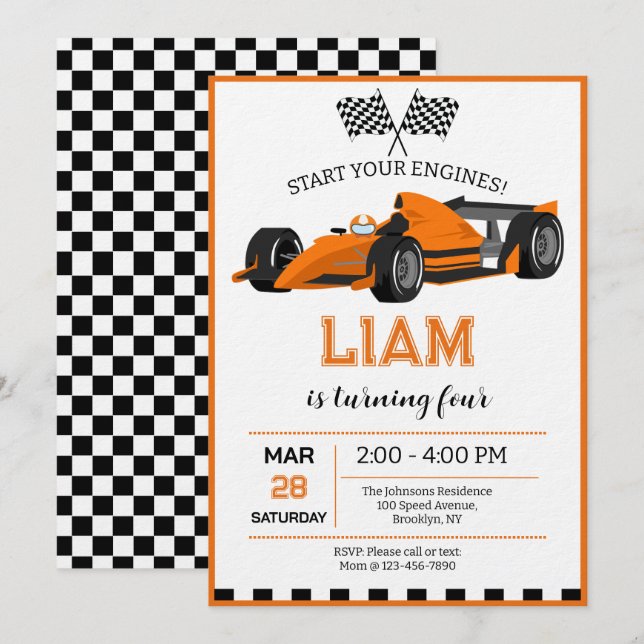 Invitación de cumpleaños para fiesta de coches de  (Anverso / Reverso)
