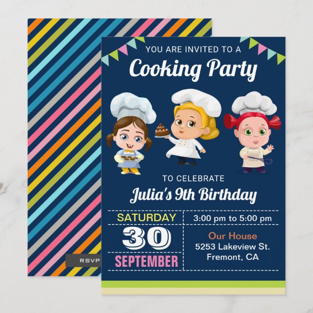 Invitación de cumpleaños para fiesta de cocina y r (Anverso / Reverso)