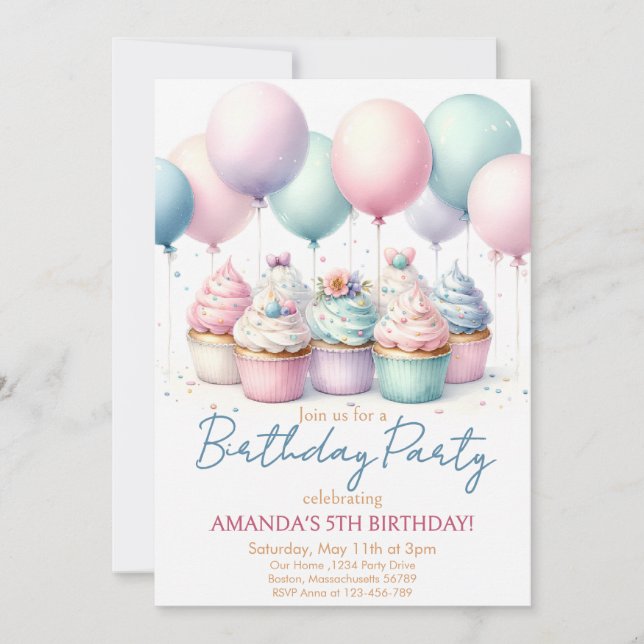 Invitación de cumpleaños para fiesta de cupcakes (Anverso)
