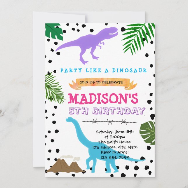 invitación de cumpleaños para fiesta de dinosaurio (Anverso)