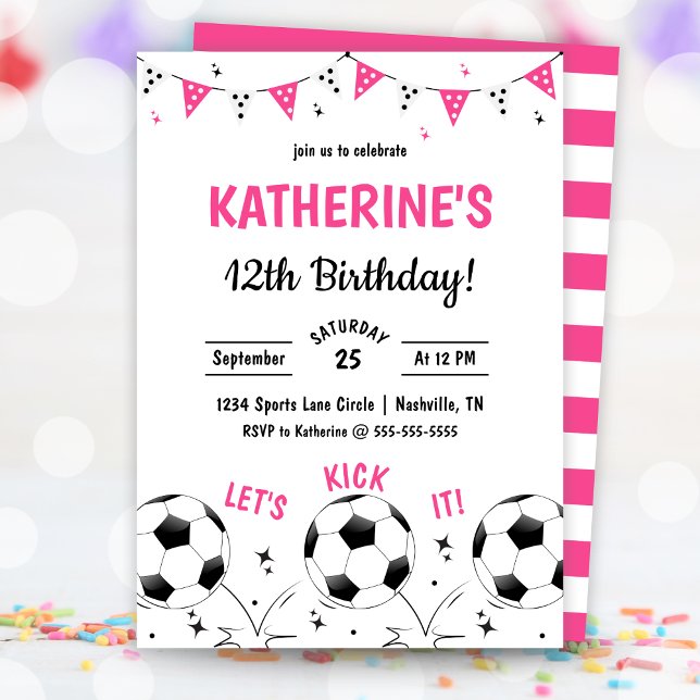 Invitación de cumpleaños para fiesta de fútbol fem (Pink Girls Soccer Party Birthday Invitation)