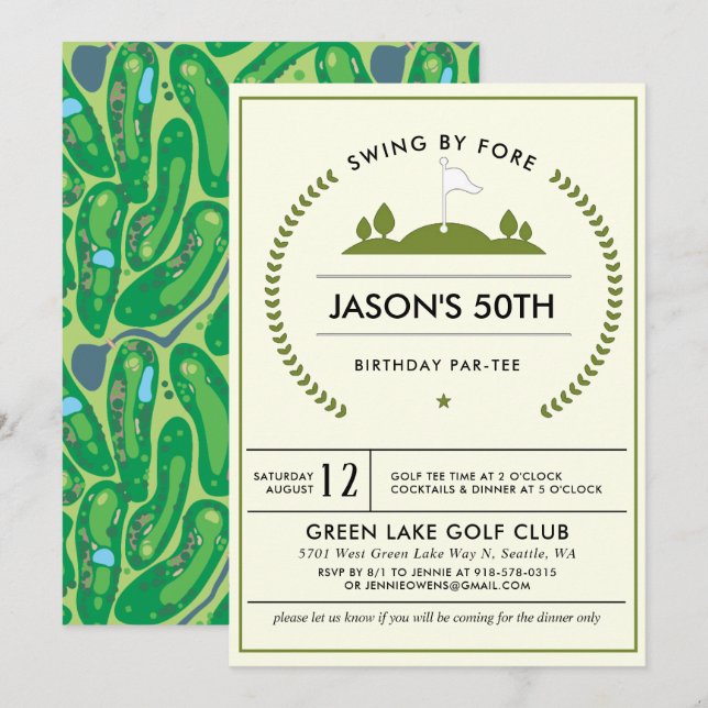 Invitación de cumpleaños para fiesta de golf (Anverso / Reverso)