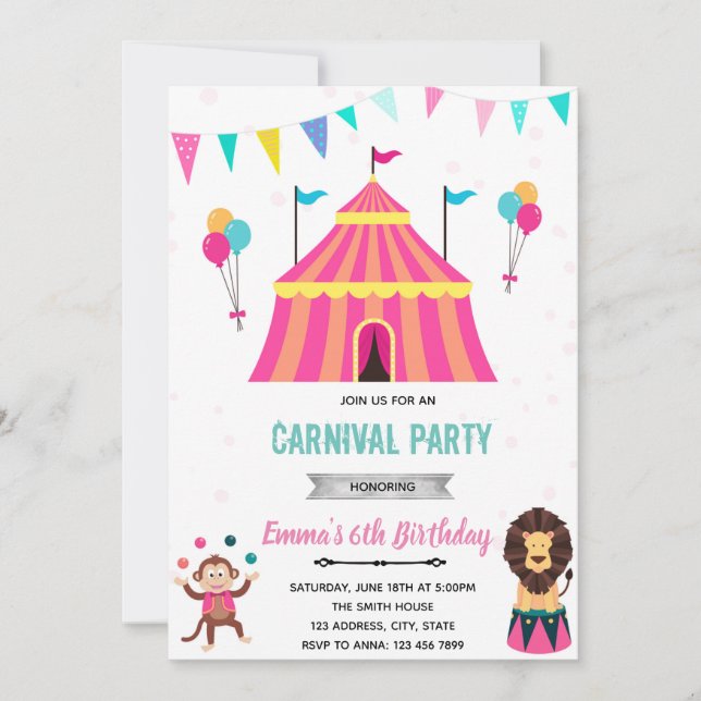 invitación de cumpleaños para fiesta de niña carna (Anverso)
