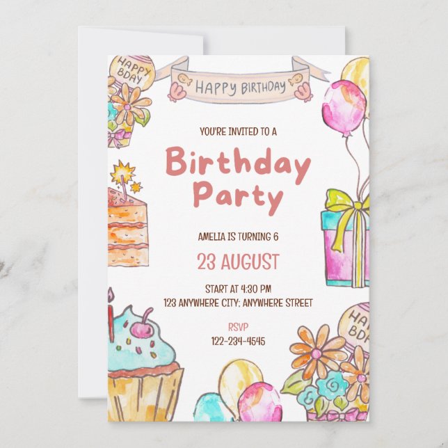 Invitación de cumpleaños para fiesta de niños con  (Anverso)