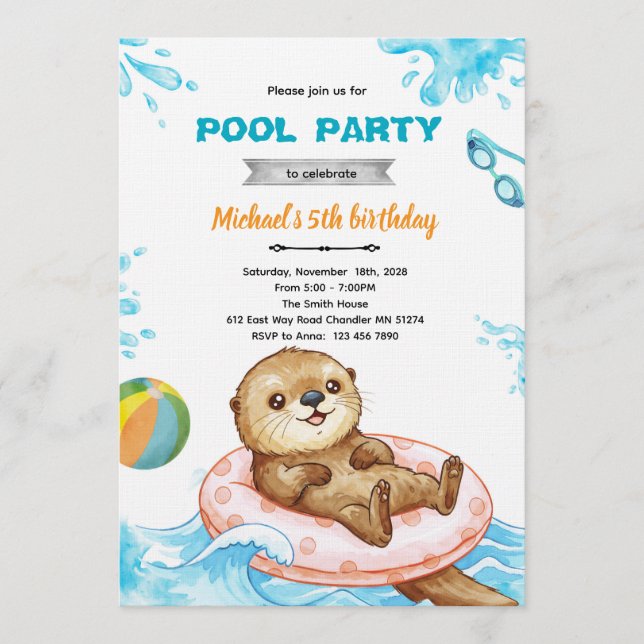 Invitación de cumpleaños para fiesta de nutrias en (Anverso)