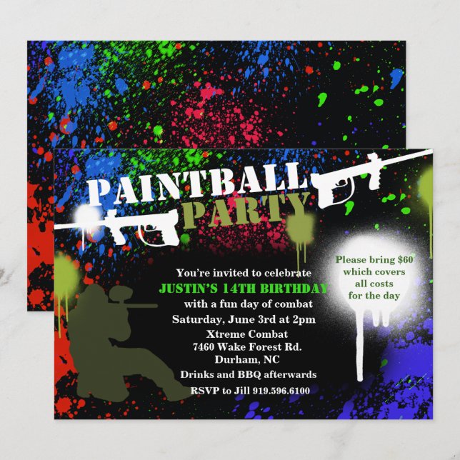 Invitación de cumpleaños para fiesta de paintball (Anverso / Reverso)