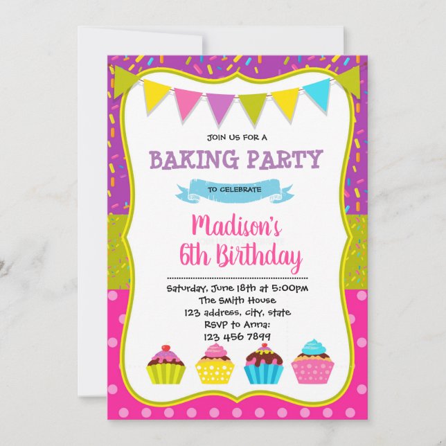 invitación de cumpleaños para fiesta de pastelitos (Anverso)