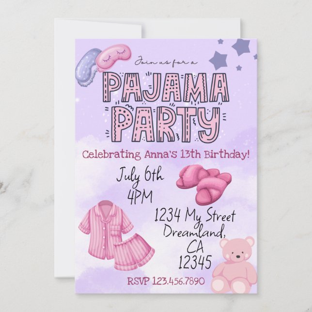 Invitación de cumpleaños para fiesta de pijamas (Anverso)