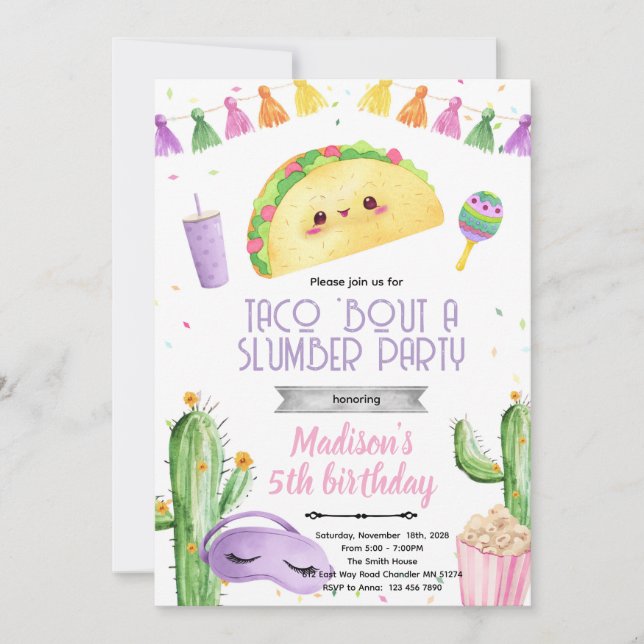 invitación de cumpleaños para fiesta de pijamas de (Anverso)