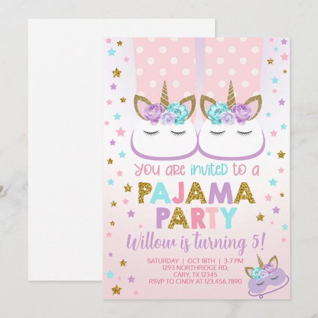 Invitación de cumpleaños para fiesta de pijamas, p (Anverso / Reverso)