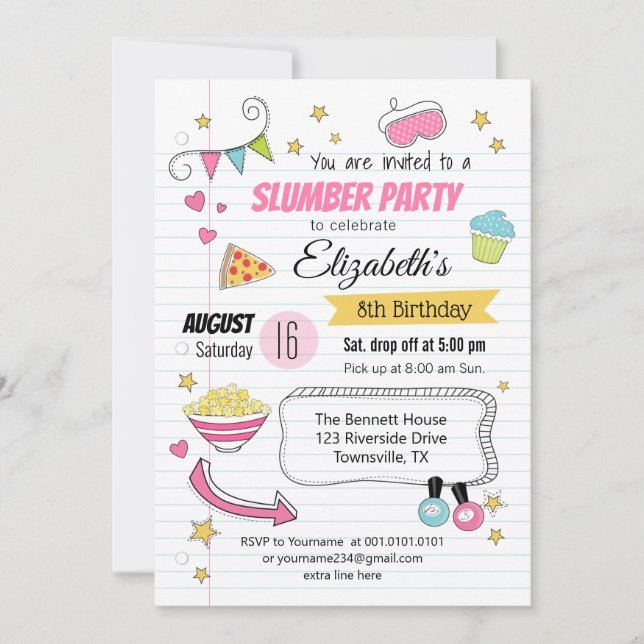 Invitación de cumpleaños para fiesta de pijamas y  (Anverso)