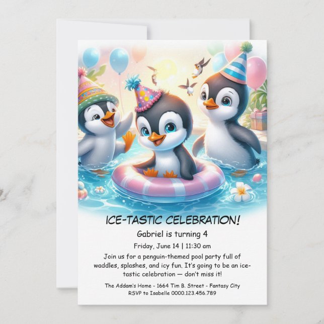 Invitación de cumpleaños para fiesta de pingüinos  (Anverso)