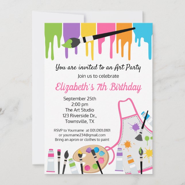 Invitación de cumpleaños para fiesta de pintura (Anverso)