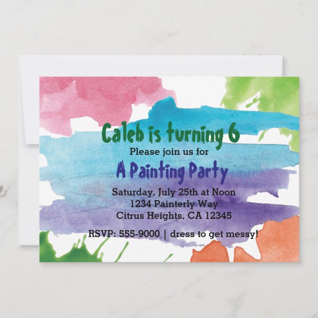 Invitación de cumpleaños para fiesta de pintura co (Anverso)