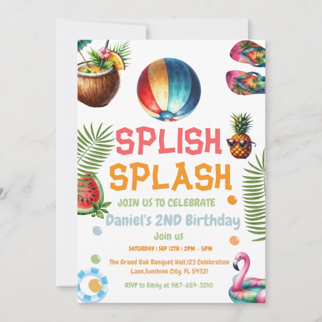 Invitación de cumpleaños para fiesta de piscina co (Anverso)