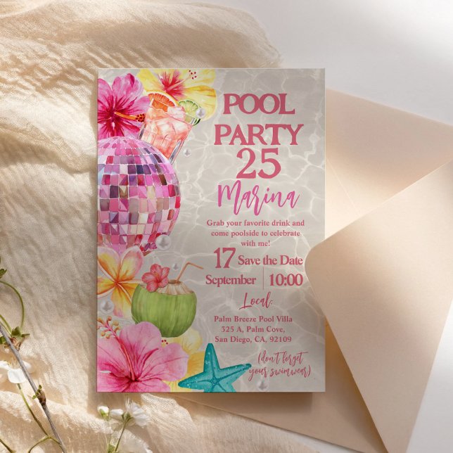 Invitación de cumpleaños para fiesta de piscina co (Summer Disco Luau Pool Party Birthday Invitation)