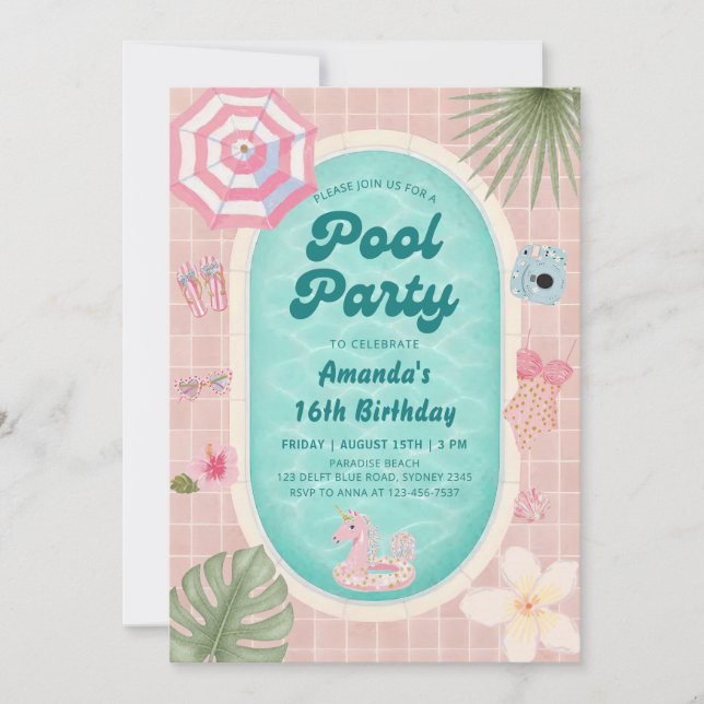 Invitación de cumpleaños para fiesta de piscina de (Anverso)