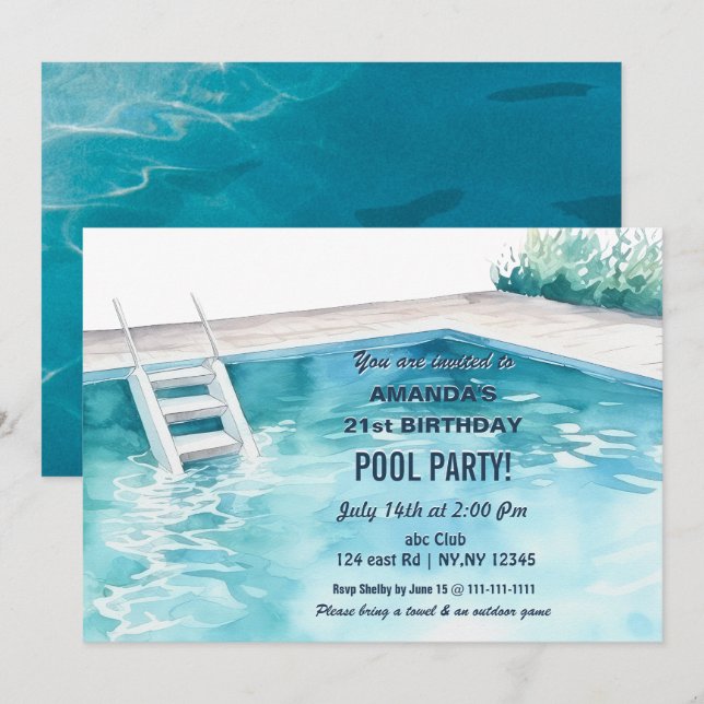 Invitación de cumpleaños para fiesta de piscina de (Anverso / Reverso)