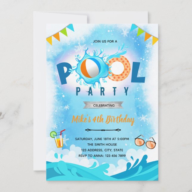 invitación de cumpleaños para fiesta de piscina de (Anverso)