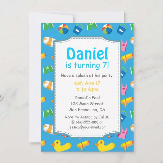 Invitación de Cumpleaños para Fiesta de Piscina Ki (Anverso)