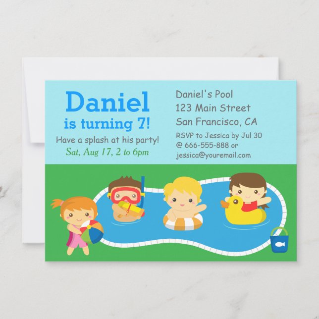 Invitación de Cumpleaños para Fiesta de Piscina Ki (Anverso)