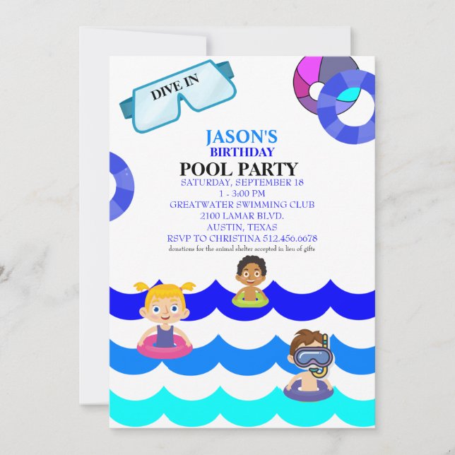 Invitación de cumpleaños para fiesta de piscina pa (Anverso)