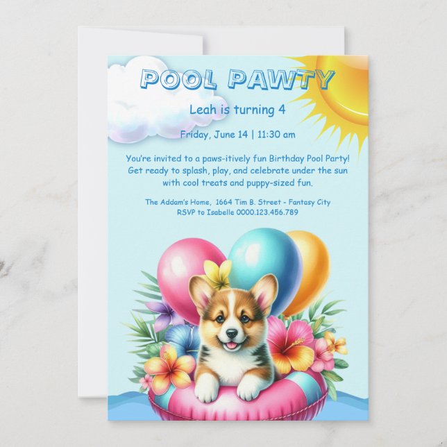 Invitación de cumpleaños para fiesta de piscina Sp (Anverso)