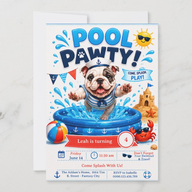 Invitación de cumpleaños para fiesta de piscina Sp (Anverso)