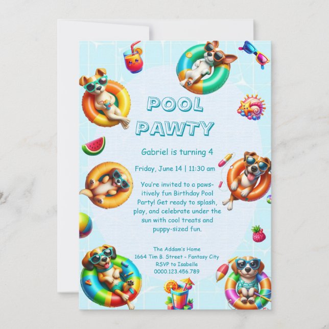 Invitación de cumpleaños para fiesta de piscina Sp (Anverso)