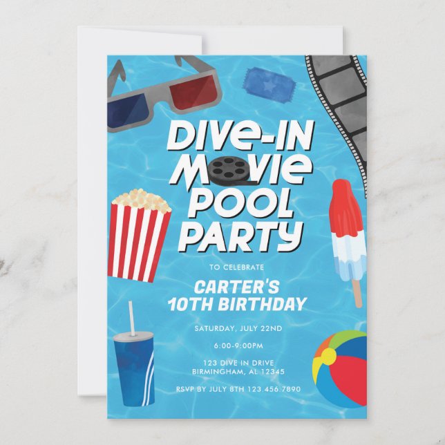 Invitación de cumpleaños para fiesta de piscina y  (Anverso)