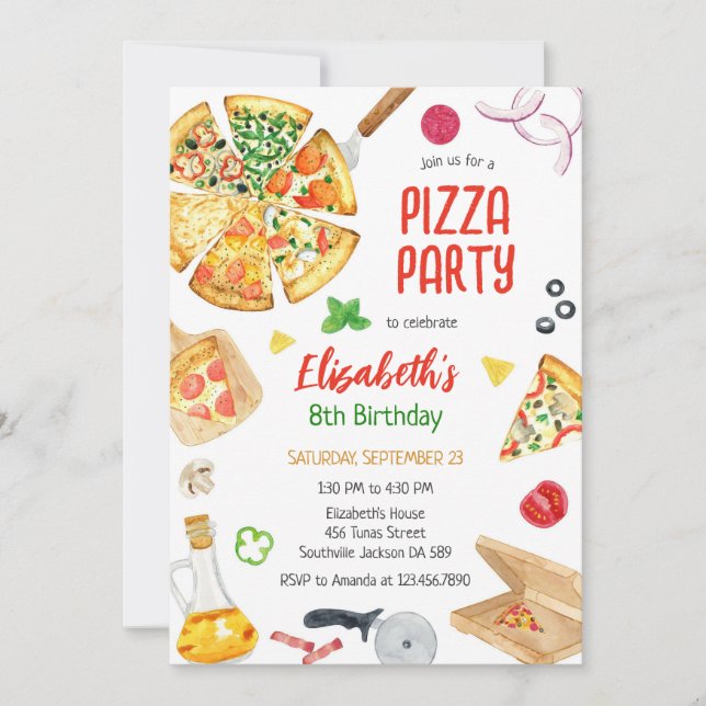 Invitación de cumpleaños para fiesta de pizza (Anverso)