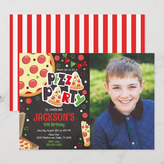 Invitación de cumpleaños para fiesta de pizza para (Anverso / Reverso)