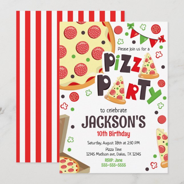 Invitación de cumpleaños para fiesta de pizza para (Anverso / Reverso)