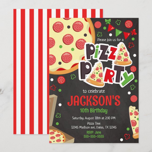 Invitación de cumpleaños para fiesta de pizza para (Anverso / Reverso)