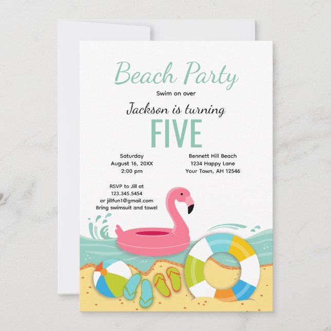 Invitación de cumpleaños para fiesta de playa con  (Anverso)