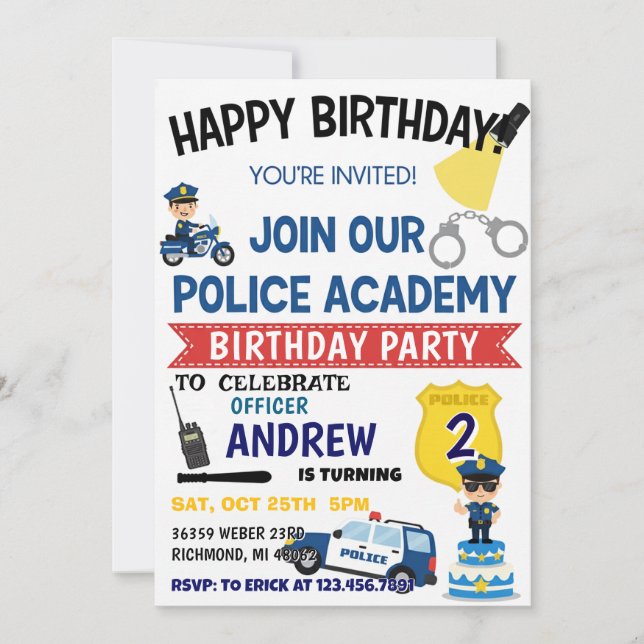 invitación de cumpleaños para fiesta de policía pe (Anverso)
