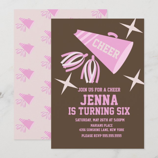 Invitación de cumpleaños para fiesta de porristas  (Anverso / Reverso)