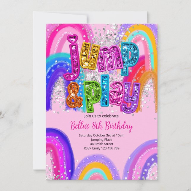 Invitación de cumpleaños para fiesta de saltos en  (Anverso)
