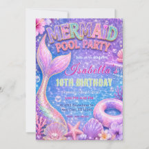 Invitación de cumpleaños para fiesta de sirena en 