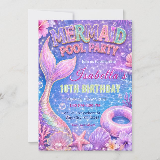 Invitación de cumpleaños para fiesta de sirena en  (Anverso)