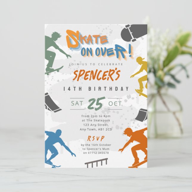 Invitación de cumpleaños para fiesta de skate con  (Anverso de pie)