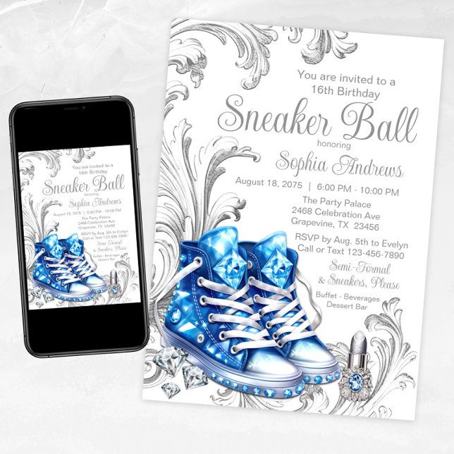 Invitación de cumpleaños para fiesta de Sneaker Ba (Blue and Silver Sneaker Ball Invitation with Pretty Blue Diamond Sneakers, Diamonds and Swirls)