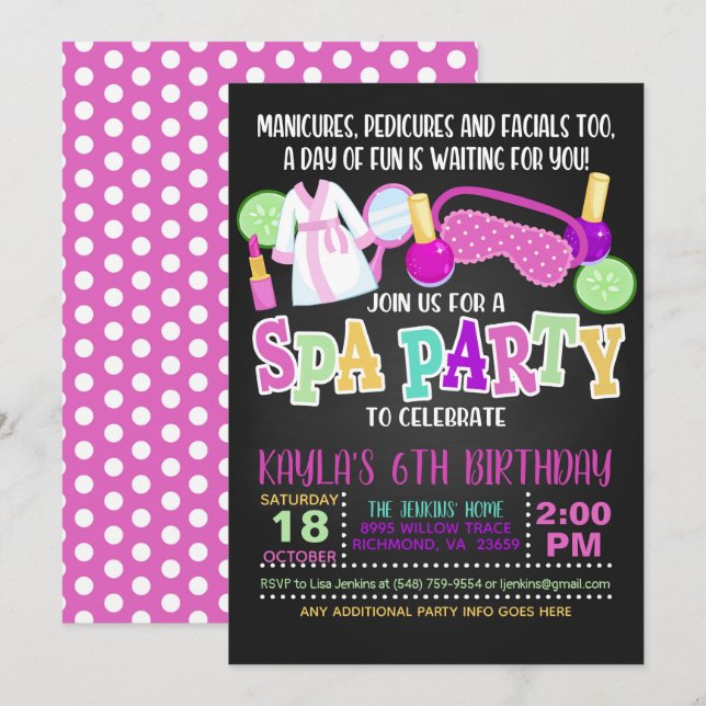 Invitación de cumpleaños para fiesta de spa (Anverso / Reverso)