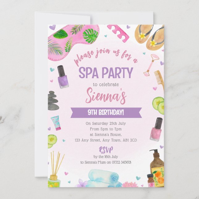 Invitación de cumpleaños para fiesta de spa rosa M (Anverso)
